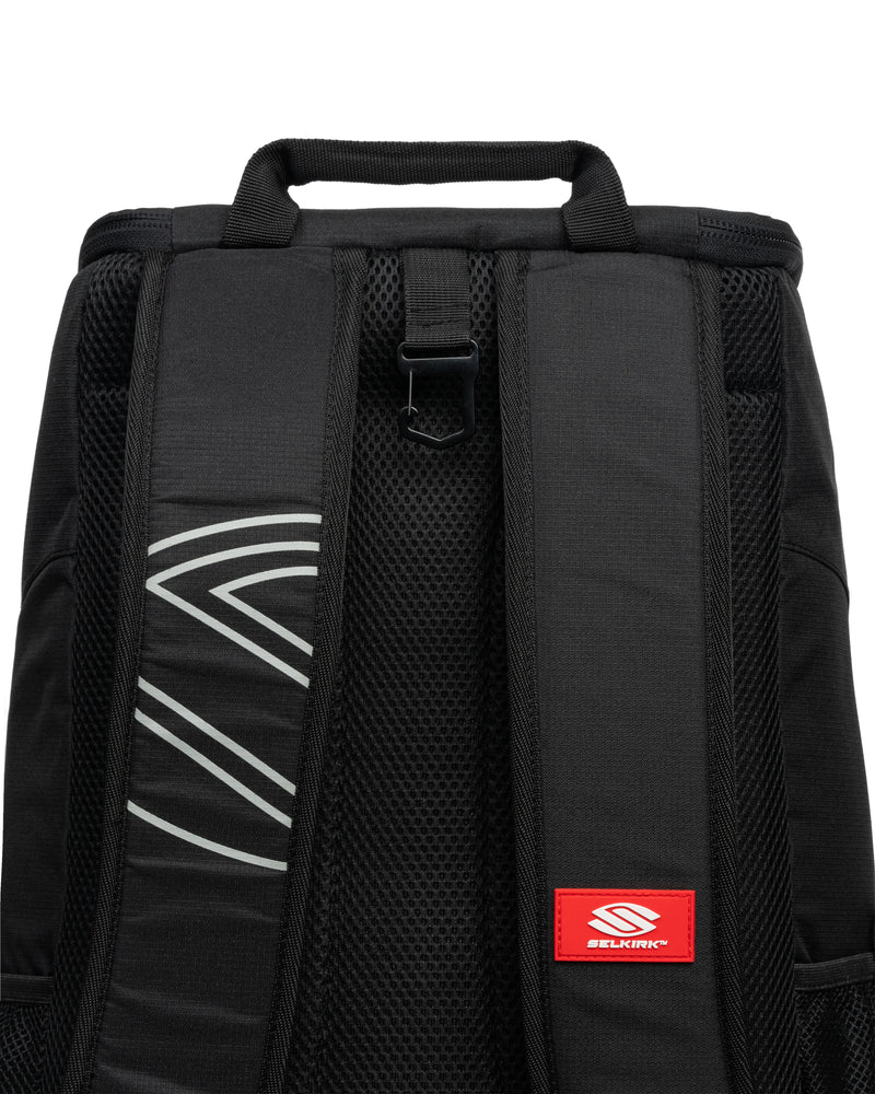 Black backpack with a red logo on a white background