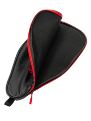Black carrying case with red interior and zipper on a white background