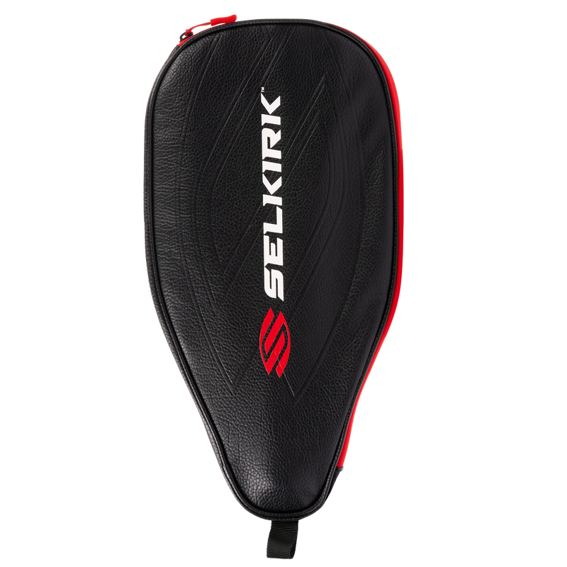 Black paddle case with red accents and Selkirk logo on a white background