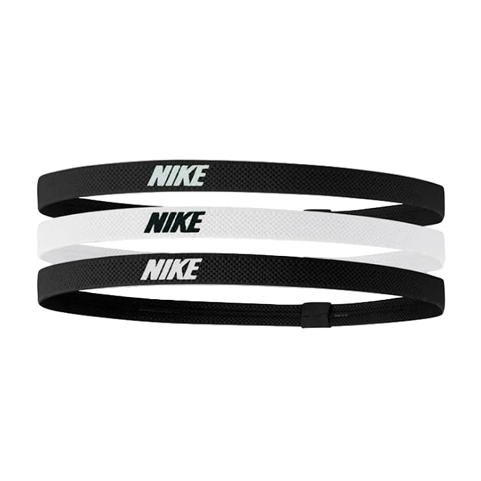 Three Nike headbands in black and white on a white background
