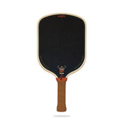 Pickleball paddle with black face and brown handle on a white background
