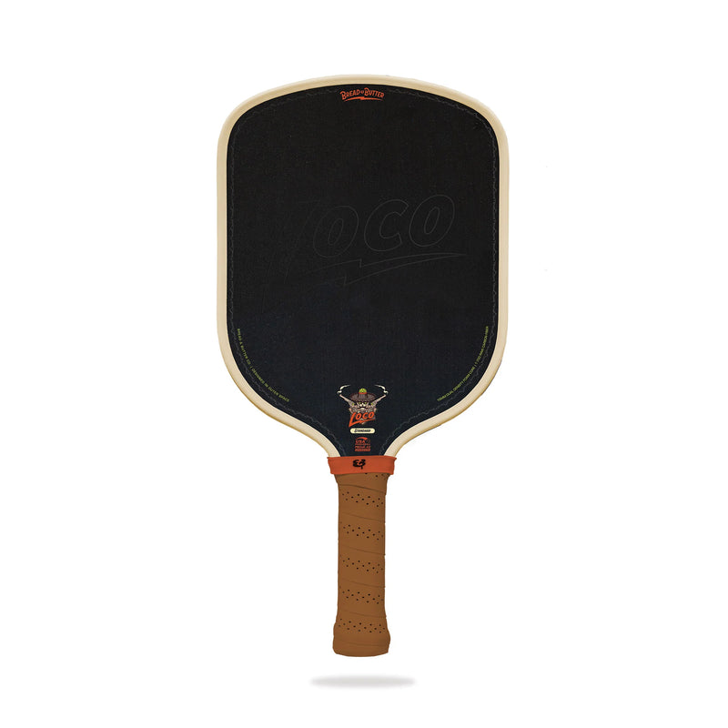 Pickleball paddle with black face and brown handle on a white background
