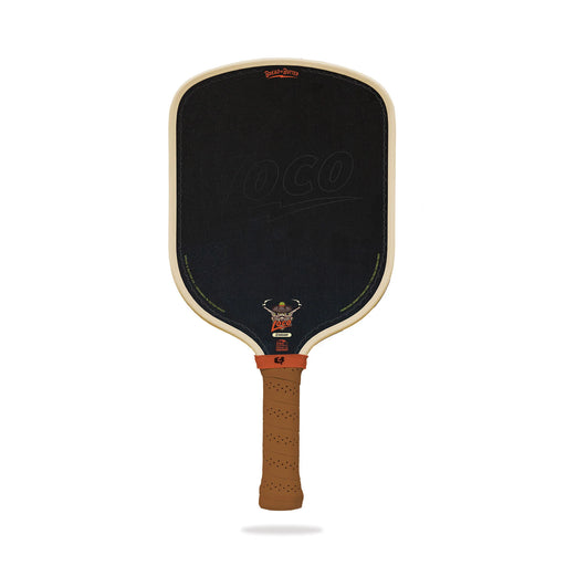 Pickleball paddle with black face and brown handle on a white background