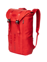 Red backpack with Selkirk branding on a white background
