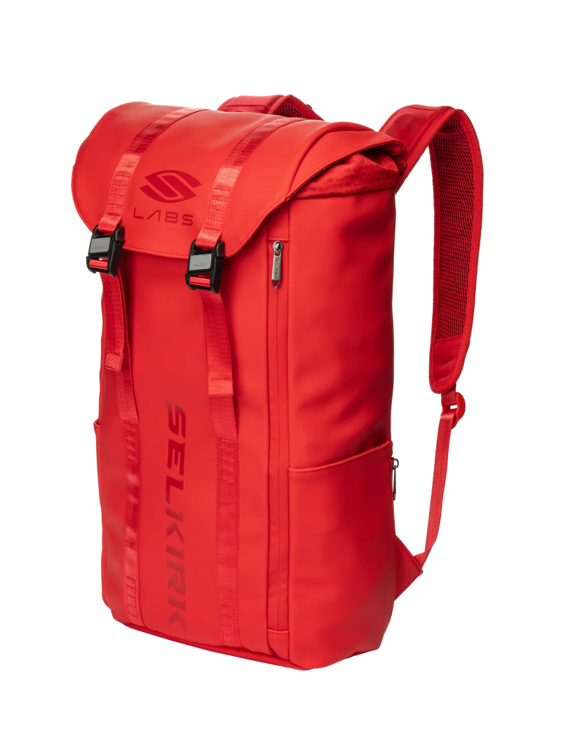 Red backpack with Selkirk branding on a white background