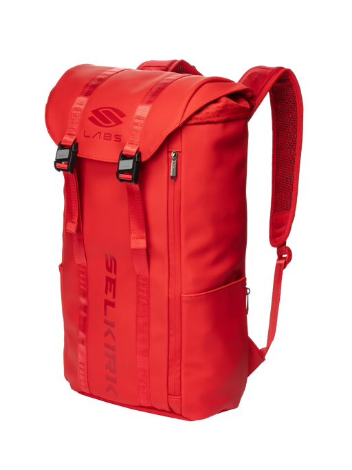 Red backpack with Selkirk branding on a white background