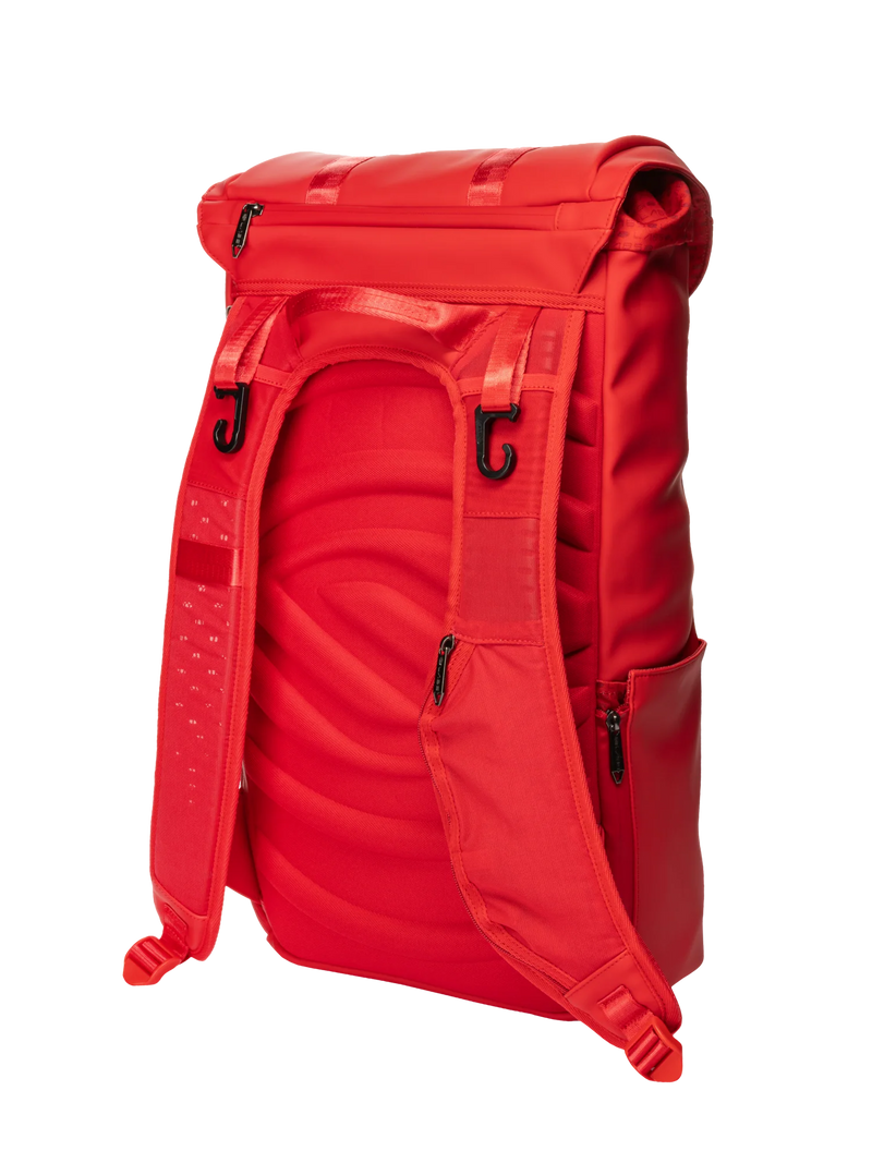 Red backpack on a white background