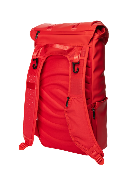Red backpack on a white background