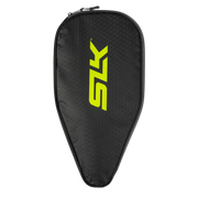A black pickleball paddle bag with a bright yellow 'SLK' logo on the front, set against a plain white background.