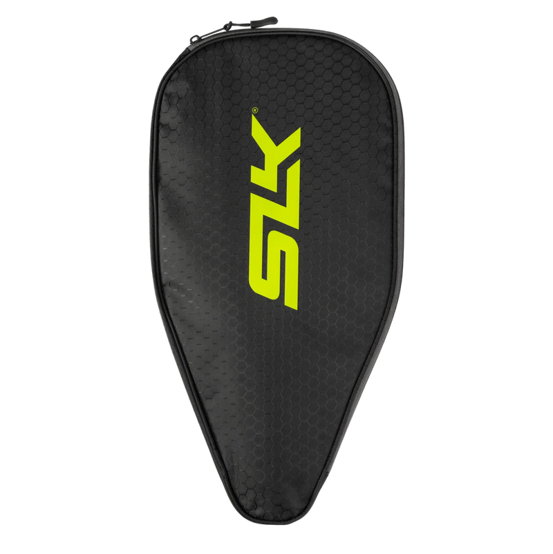 A black pickleball paddle bag with a bright yellow 'SLK' logo on the front, set against a plain white background.