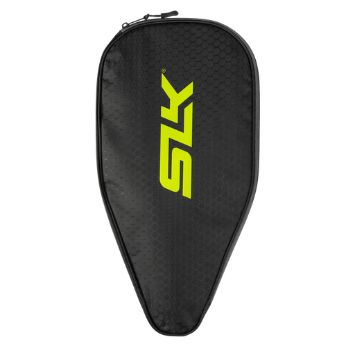 A black pickleball paddle bag with a bright yellow 'SLK' logo on the front, set against a plain white background.
