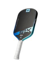 Pickleball paddle with black and blue design on a white background