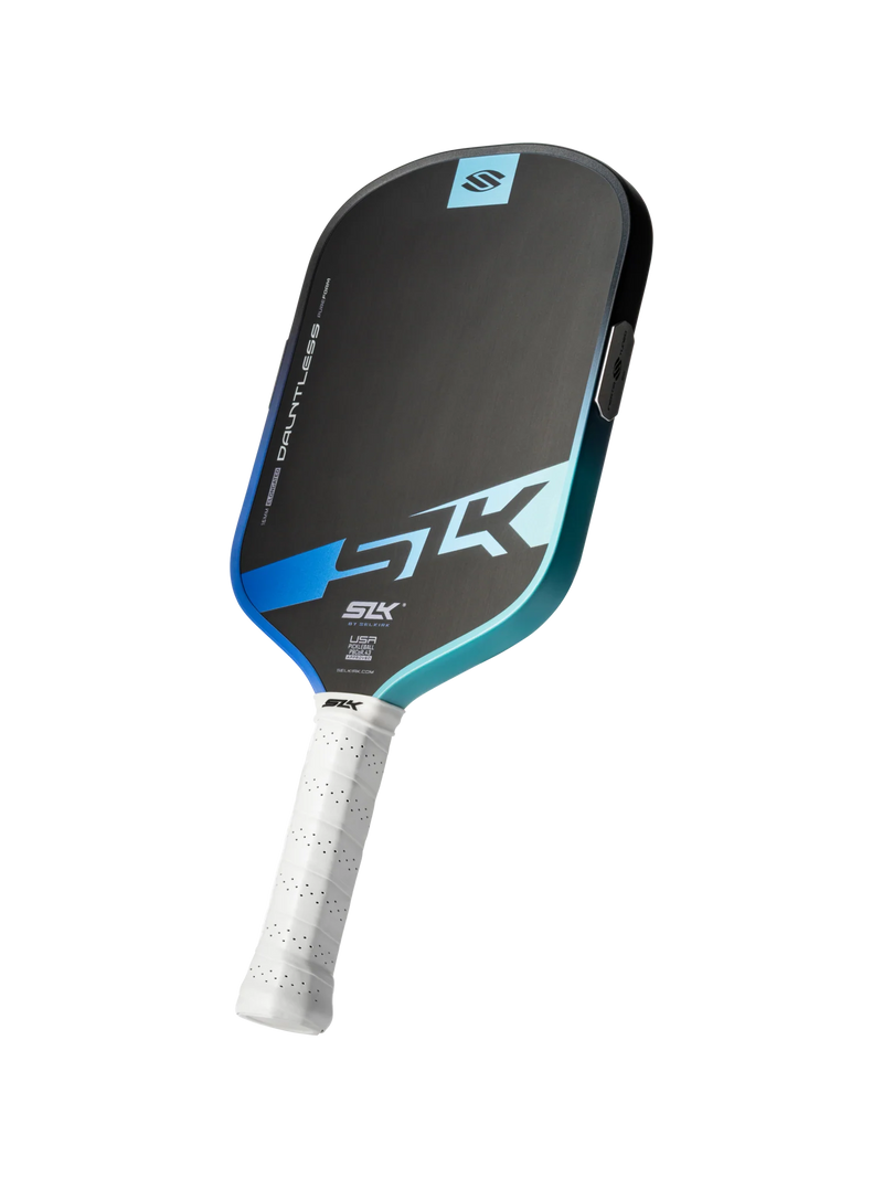Pickleball paddle with black and blue design on a white background