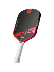 Pickleball paddle with black and red design on a white background