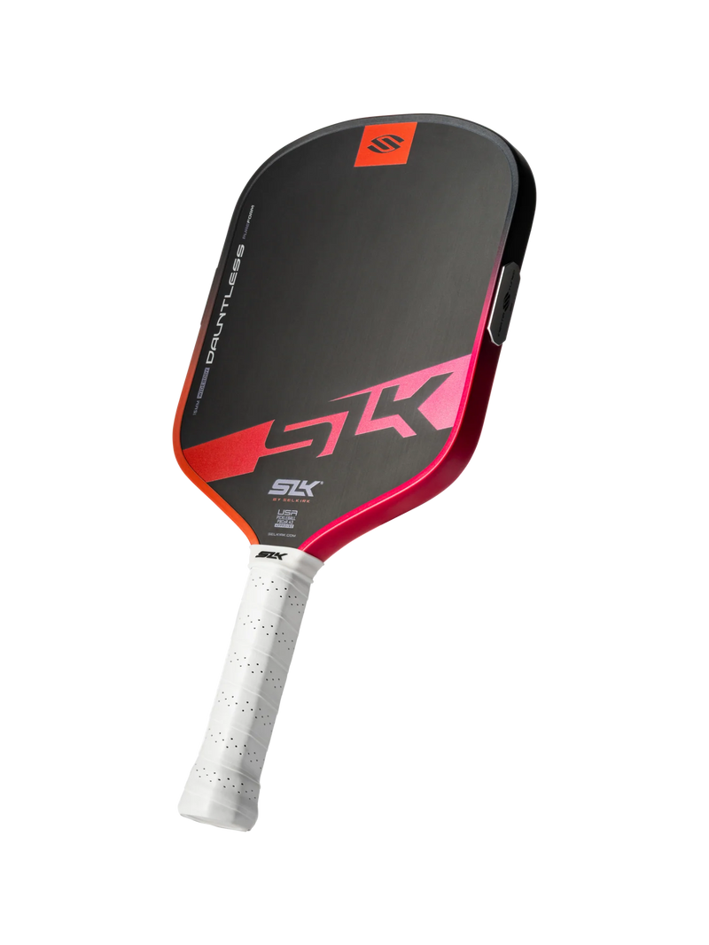 Pickleball paddle with black and red design on a white background