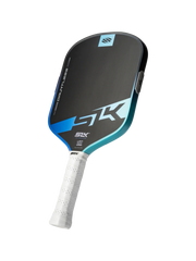 Pickleball paddle with black and blue design on a white background