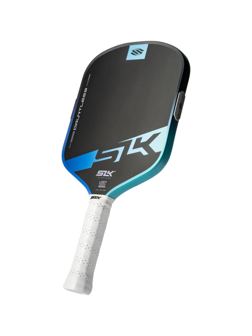 Pickleball paddle with black and blue design on a white background