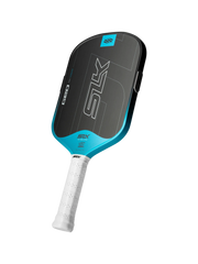 Blue and black pickleball paddle with white handle on a white background