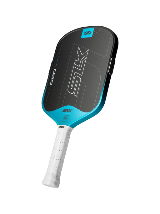 Blue and black pickleball paddle with white handle on a white background