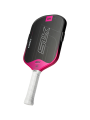 Pickleball paddle with pink and black design on a white background