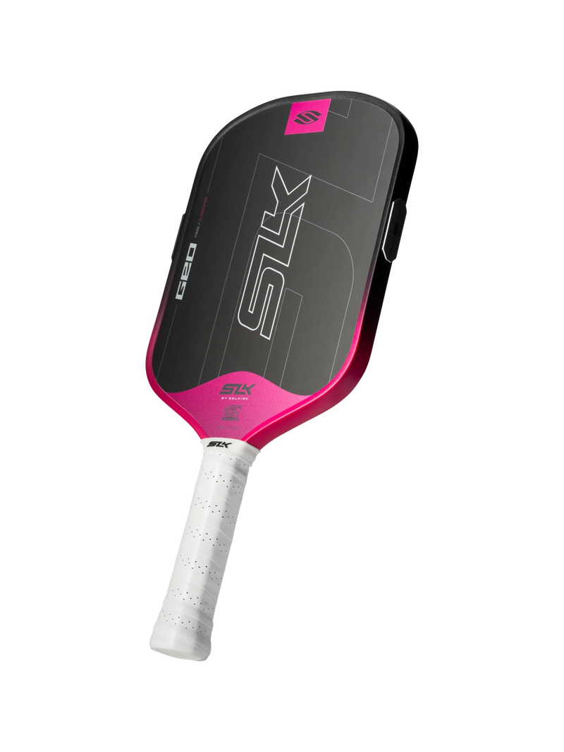 Pickleball paddle with pink and black design on a white background