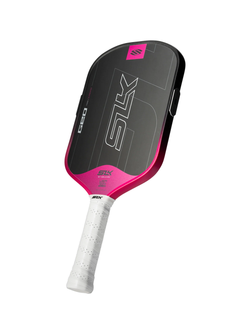 Pickleball paddle with pink and black design on a white background