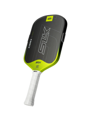 Pickleball paddle with black and green design on a white background