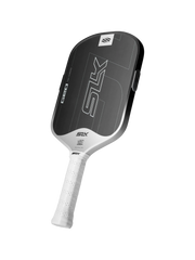 Pickleball paddle with black face and white handle on a white background