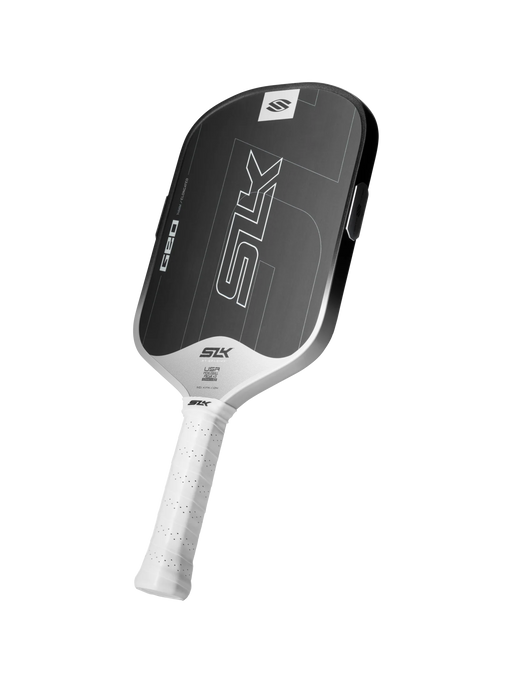 Pickleball paddle with black face and white handle on a white background