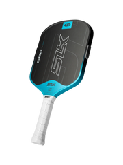 Blue and black pickleball paddle with white handle on a white background