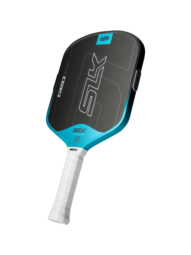 Blue and black pickleball paddle with white handle on a white background