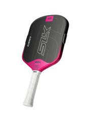 Pickleball paddle with pink and black design on a white background