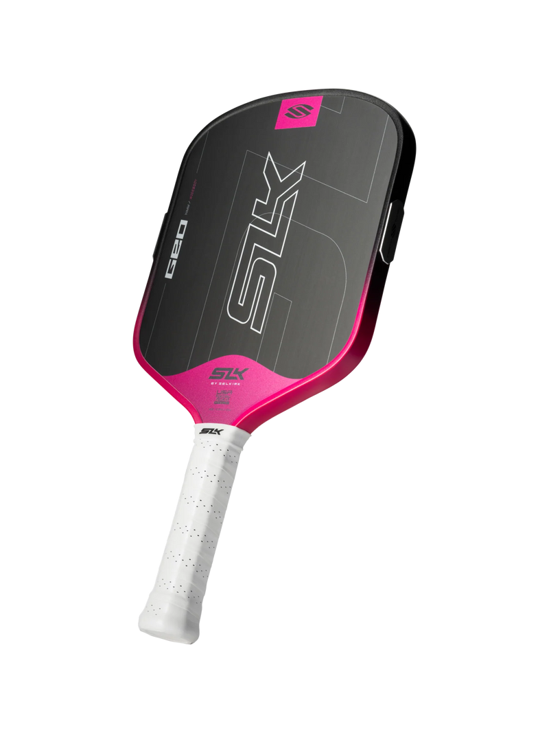 Pickleball paddle with pink and black design on a white background