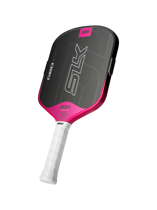Pickleball paddle with pink and black design on a white background