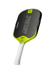 Pickleball paddle with black and green design on a white background