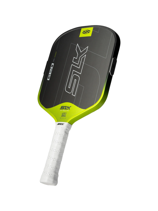 Pickleball paddle with black and green design on a white background