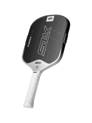 Pickleball paddle with black and white design on a white background