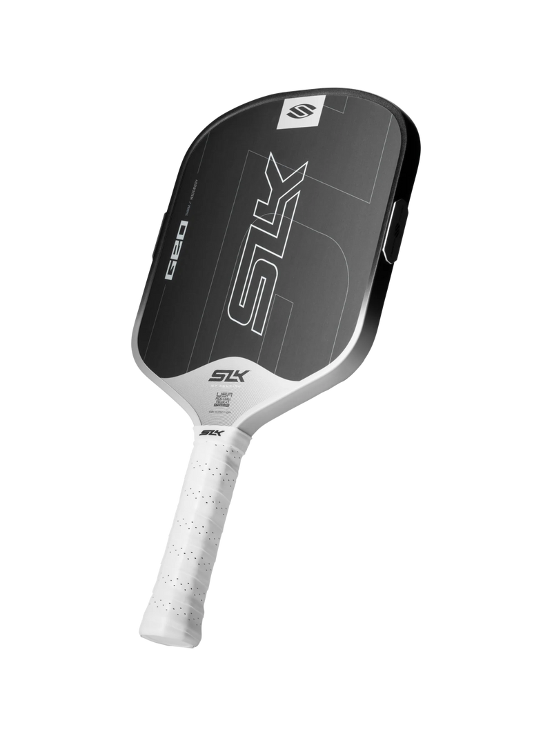 Pickleball paddle with black and white design on a white background