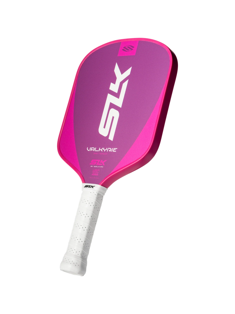 Pink pickleball paddle with white handle on a white background