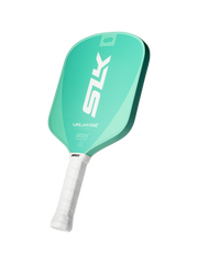 Teal pickleball paddle with white handle on a white background