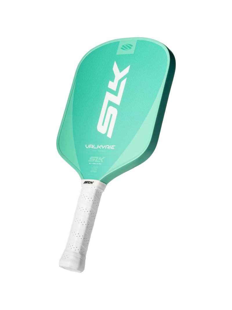 Teal pickleball paddle with white handle on a white background