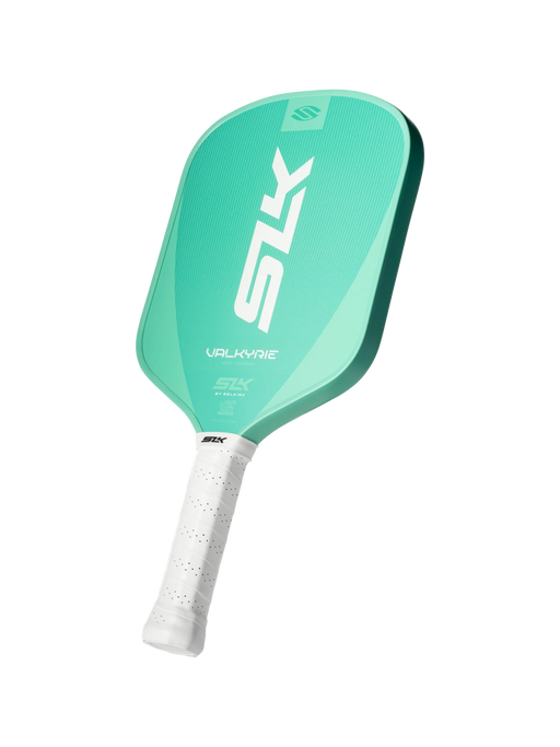 Teal pickleball paddle with white handle on a white background