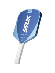Blue pickleball paddle with white handle on a white background