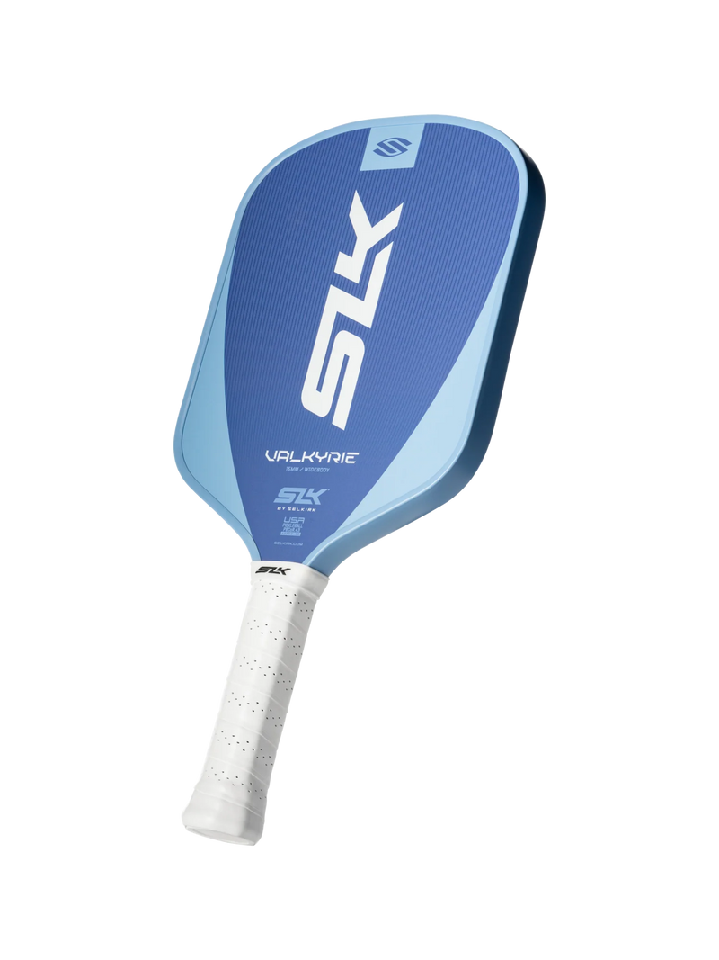 Blue pickleball paddle with white handle on a white background