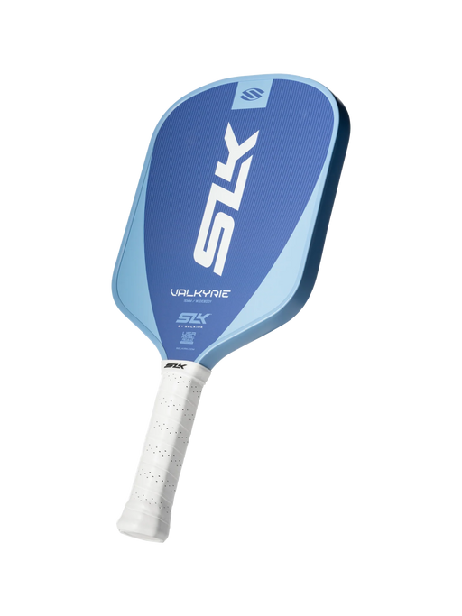 Blue pickleball paddle with white handle on a white background